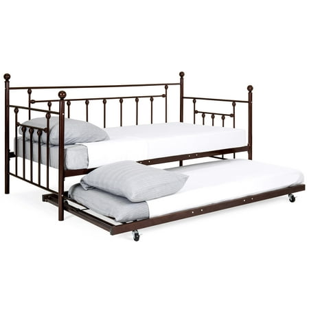 Best Choice Products Twin Sized Multifunctional Metal Lounge Daybed Frame for Living Room, Bedroom, Guest Room with Trundle, Victorian Style Rounded Finials, Bronze