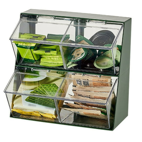 Toystoory Caja transparente para guardar bolsitas de té con tapa, apilable, de acrílico, con 4 compartimentos transparentes. Resistente al Almacenamiento y organización del hogar verde