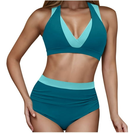 Oplxuo Women s Color Block High Waisted Bikini Sets Two Piece Bathing Suit Halter V Neck Sporty Ruched Cheeky Swimsuits