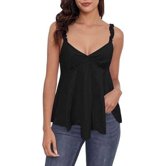 uobin Tops for Women Sleeveless Ruffle Strap Low Cut V Neck Backless Solid Color Tank Top Cute Summer Flowy Going Out Top