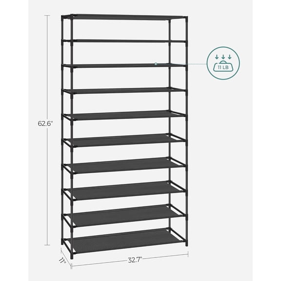 10 Tier Metal Shoe Rack, Black, for Entryway, Bedroom, 40 Pairs Storage