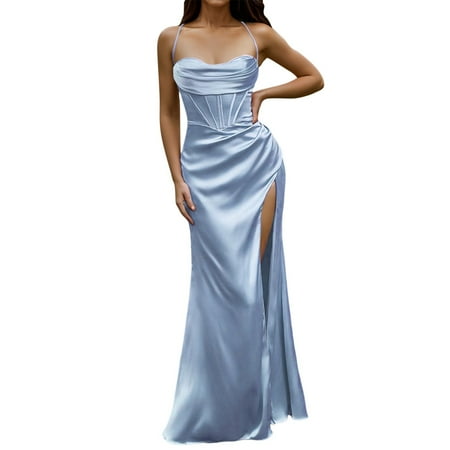 DVKOVI Dresses for Women Long Modest Dresses for Women Women Sexy Satin Corset Maxi Dress Silky Strap Push Up Fishbone Ruched Evening Party Long Dresses Blue XL