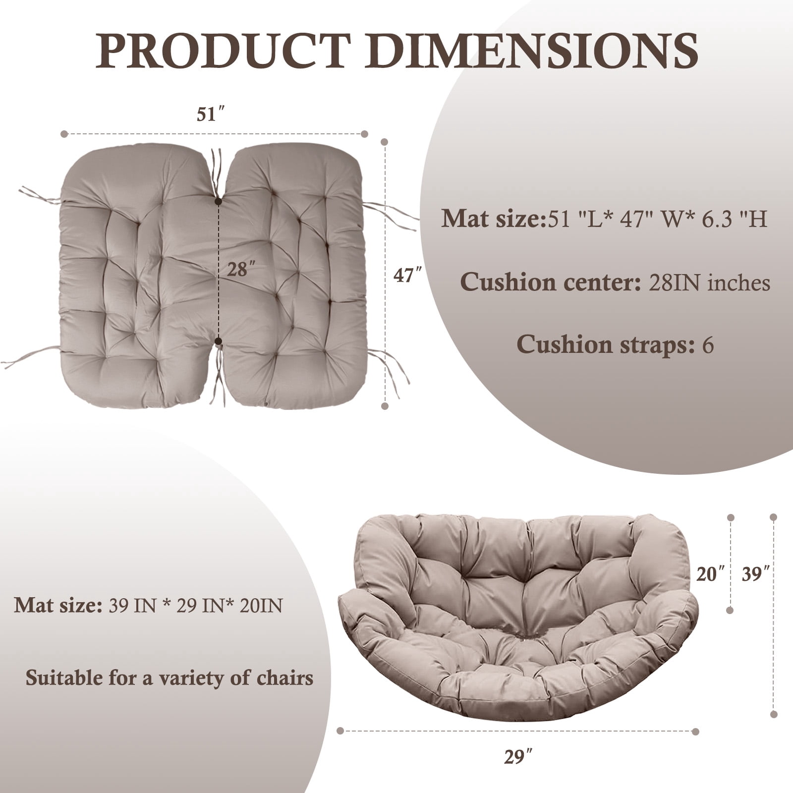 Egg Chair Cushion Replacement Waterproof – Outdoor Rocking Chair Cushions 6.3" Thick UV Resistant with 6 Straps for Patio, Balcony, Garden, Khaki