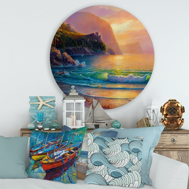 Designart - Romantic Beach During Warm Sunset - Nautical & Coastal Metal Circle Wall Art