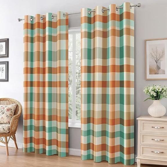 Orange Green Gingham Blackout Curtains for Bedroom, Thermal Buffalo Check Plaid Curtains, Grommet Drapes Window, Country Gingham Room Decor Living Room 26"W x 63"L (Pack of 2)