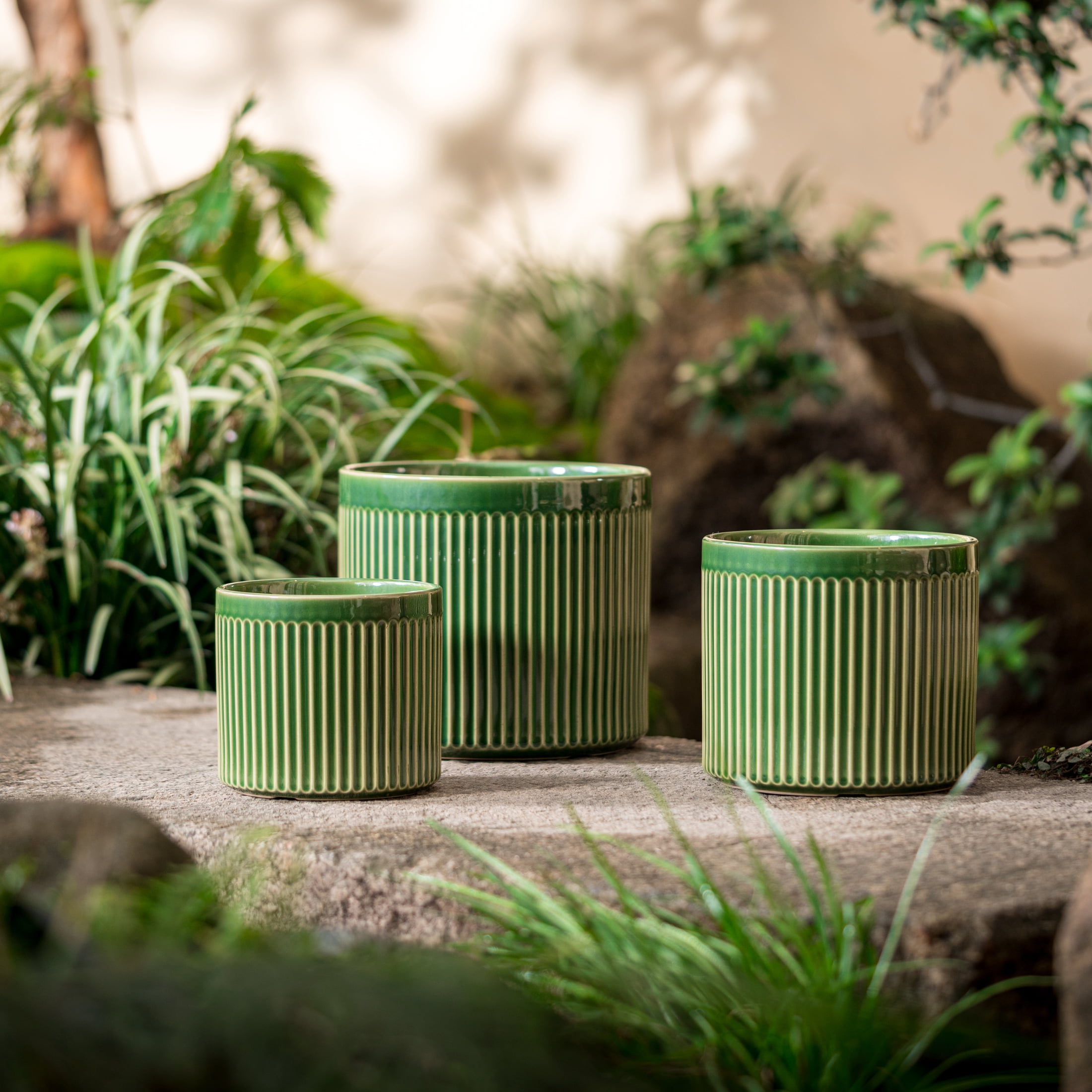 UMIAMOY Modern Cylinder Set of 3 Ceramic Flower Pots,5.7+7.0+8.6 inch Plant Pots with Drainage Holes and Saucer,Indoor Outdoor Planters for Home Patio Garden Decoration
