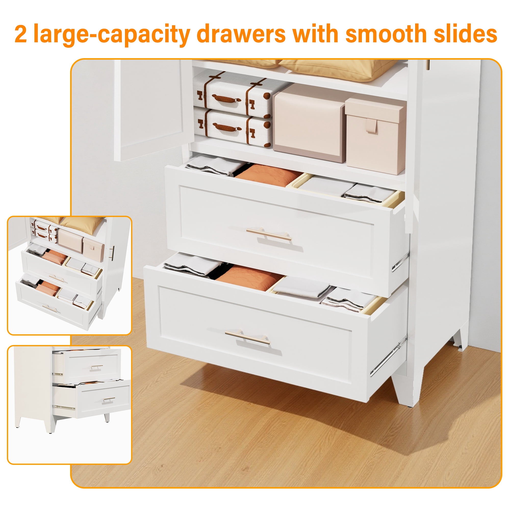 Leumius 71" Tall Metal Wardrobe Closet,Modern Armoire Wardrobe Cabinet 2 Drawers & Hanging Rod,Clothes Storage Organizer Cabinets with Double Doors for Bedroom,Living Room-White