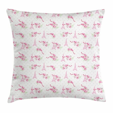 Inspiration Bouquet - Eiffel Throw Pillow Cushion Cover, Spring Inspiration Pink Flowers Bouquet and Paris Landmark on Polka Dots, Decorative Square Accent Pillow Case, 16 X 16 Inches, Pale Pink Green White, by Ambesonne