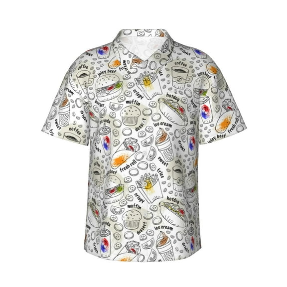 Gukieu Fastfood 2 Print Men's Short-sleeved Shirts, Button-down Lapel Hawaiian Shirts, T-shirts, Beach Vacation Summer Casual Wear,Small