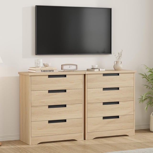 Commode à 4 Tiroirs, Commode Grise avec Poignées Encastrées pour Salon