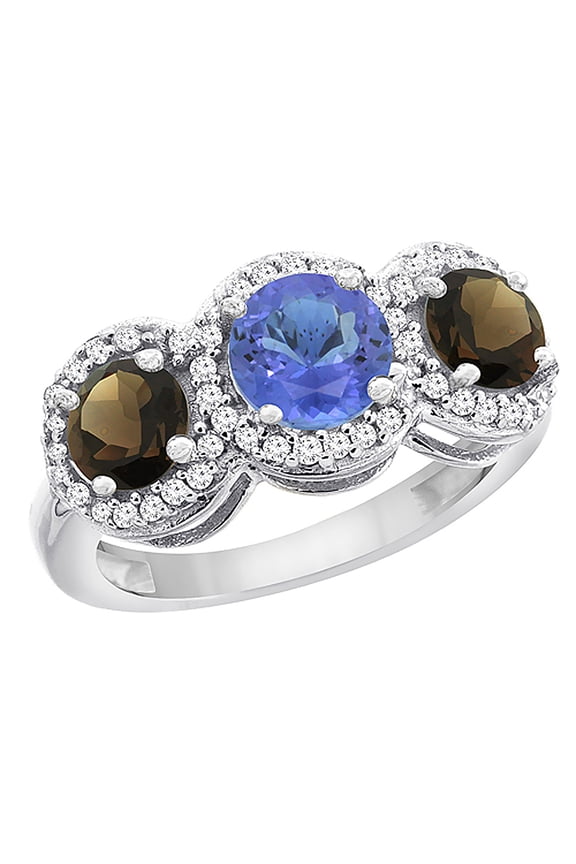 14K White Gold Natural Tanzanite & Smoky Topaz Sides Round 3-stone Ring Diamond Accents, size 6.5