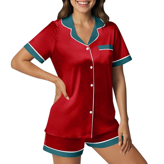 UAMVSH Christmas Pajamas for Women 2 Piece Outfits Button Down T-Shirts and Shorts Satin Pj Set Casual Color Block Sleepwear with Pocket
