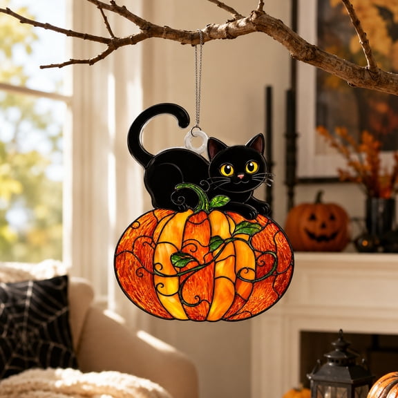Halloween Hanging Ornament, Stained Glass Style Black Cat Pumpkin Decor, Shatterproof Acrylic Suncatcher for Window Tree Door Party Home Decoration, 4.3 Inch