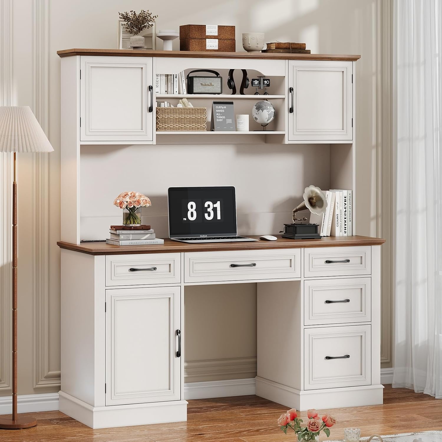 Vabches 67" H Executive Desk with Hutch and 5 Drawers, Farmhouse Computer Desk with Charging Station, File Drawer and Storage Cabinet, Wood Workstation for Home Office and Study