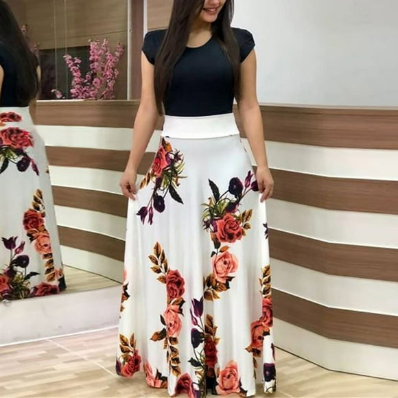 Dyfzdhu Plus Size Summer Dresses for Women Casual Short Sleeve Floral Print Maxi Dress Flowy Long Boho Dress White