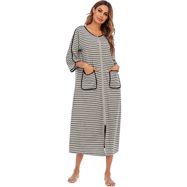 Printemps Automne 2023 Nouvelle Tenue de Maison Confortable Décontractée Ample Manches Sept Points Grande Chemise de Nuit Rayée Pyjamas