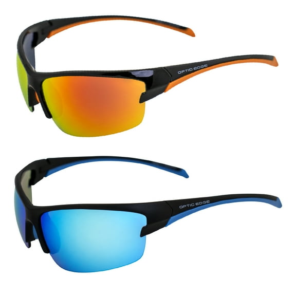 Optic Edge Breakaway Wraparound Sports & Motorcycle Sunglasses 2 Pairs Semi-Rimless Black Frames w/Dielectric Red & Blue Mirror Lenses