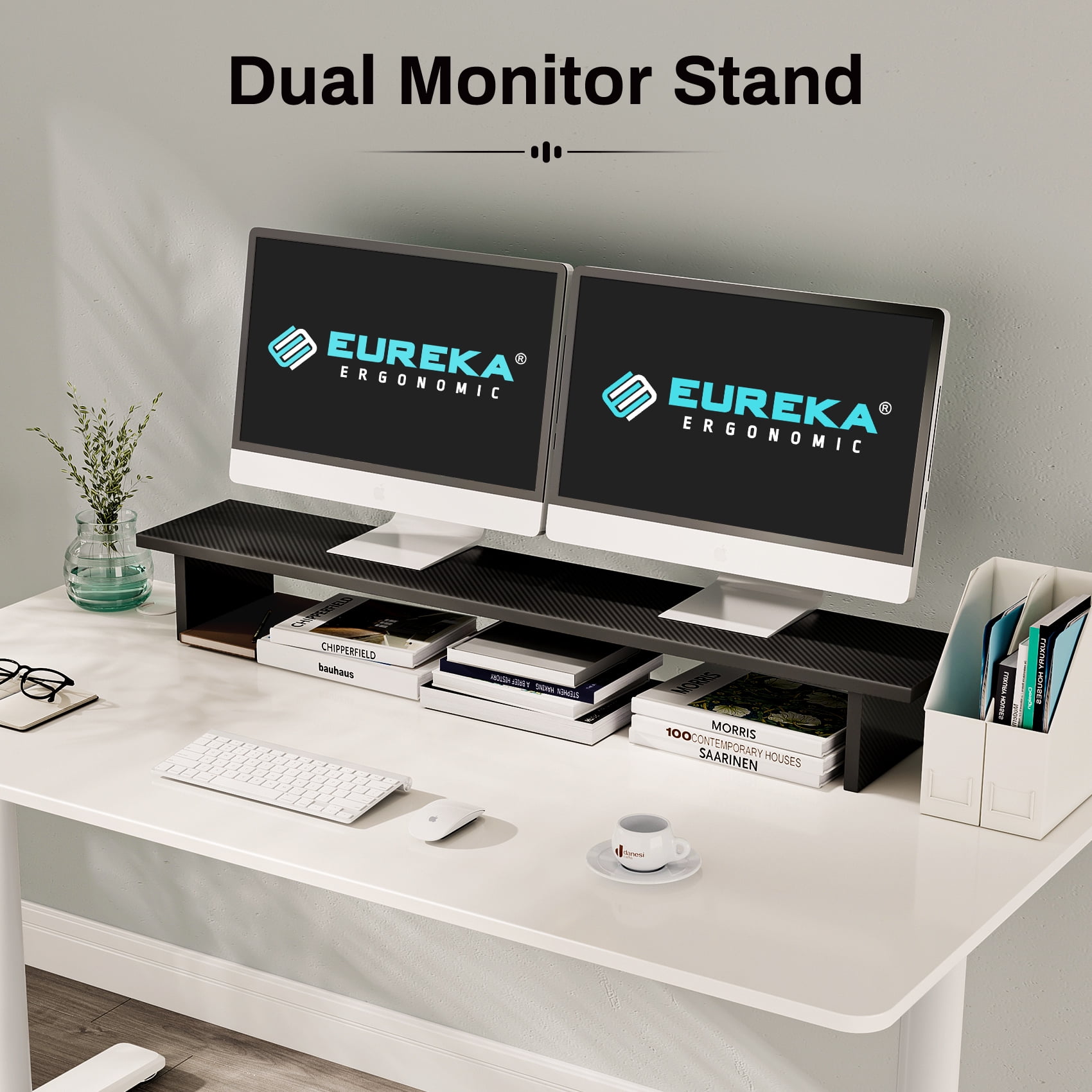 EUREKA ERGONOMIC Dual Monitor Stand - Adjustable Legs, Dual Monitor Riser, Carbon Fiber Computer Monitor Stand, Desktop Organizer, Monitor Stand Riser for PC, Computer, Laptop (Black)