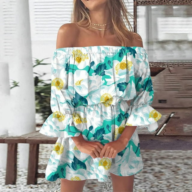 Pisexur Robe à Manches Courtes Épaules Dénudées Mode Femme Été Décontractée Épaules Dénudées Imprimée Manches Évasées Robes Femme Robe