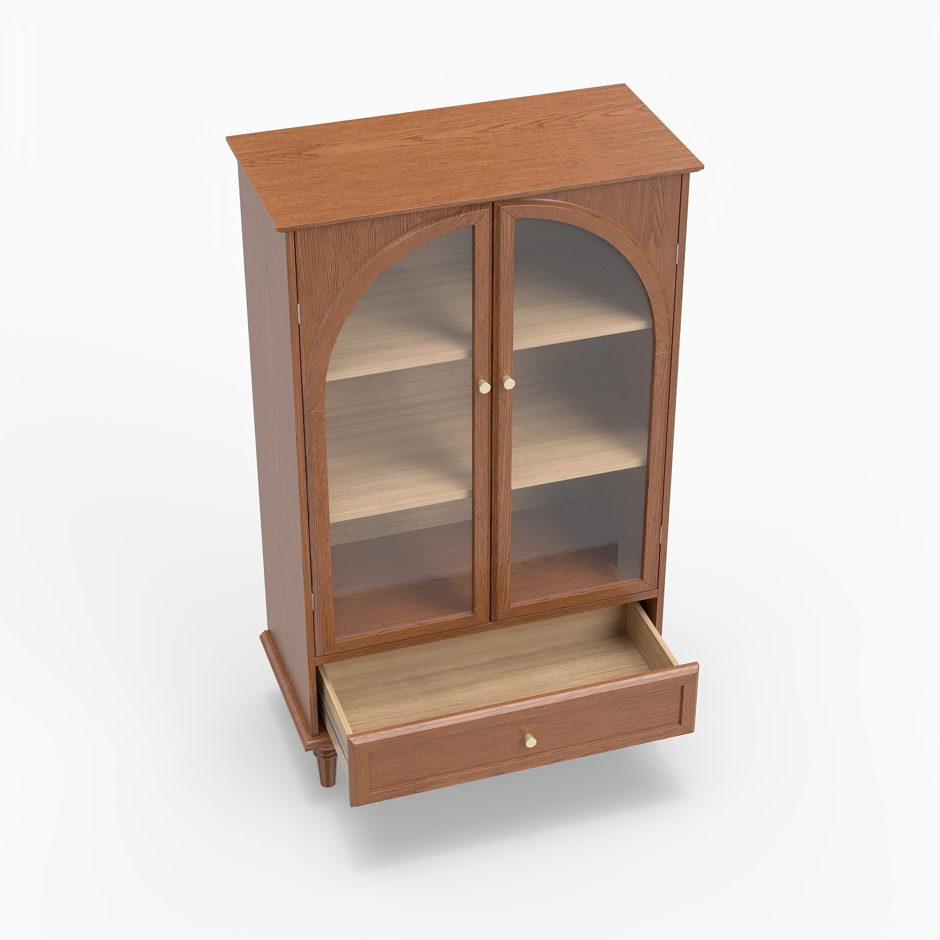 Garitin Display Cabinet and Sideboard 52.4 Inch, Farmhouse Arched Glass Door Storage with Adjustable Shelves and Drawer for Living Room Dining Room, Walnut