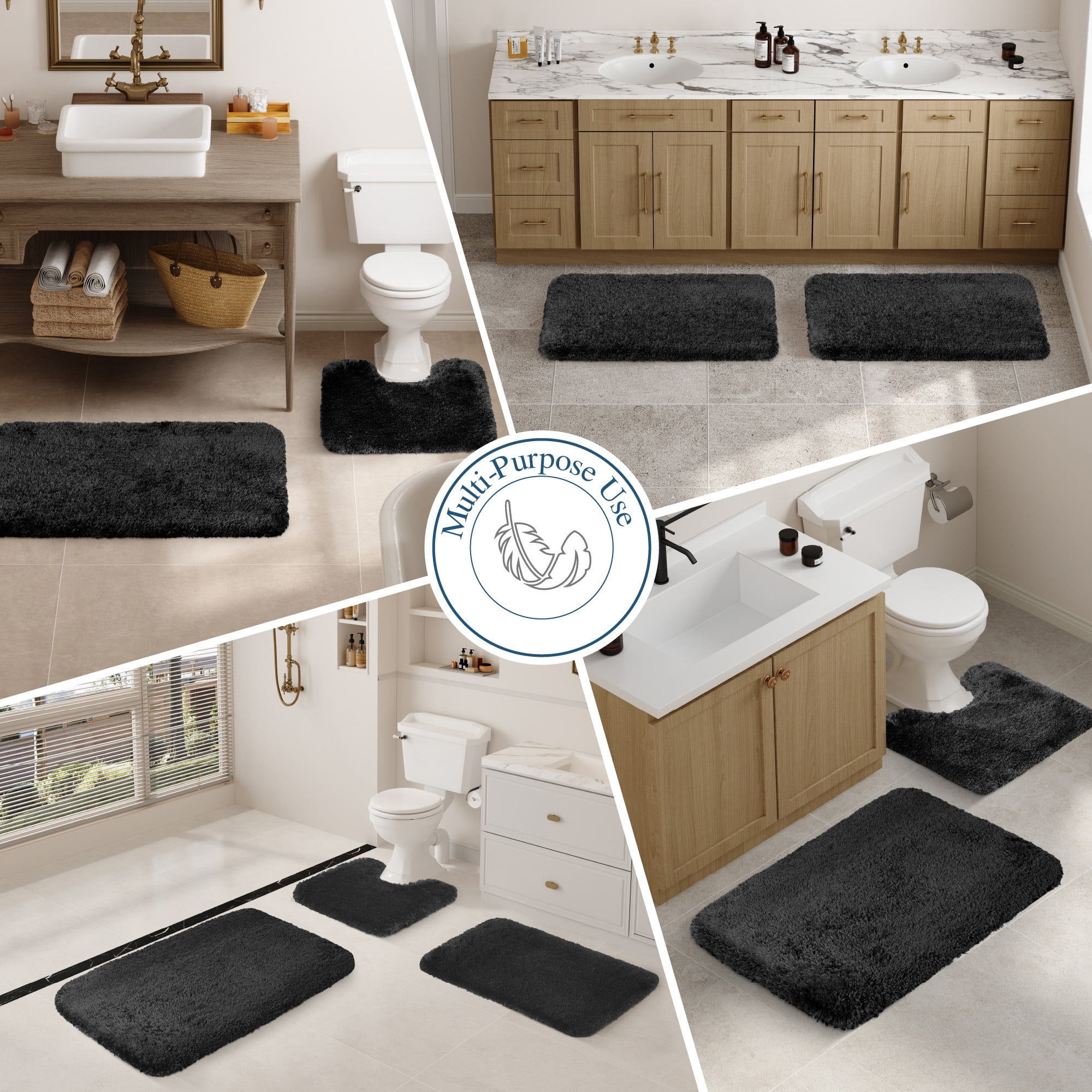 Walensee Shag Bath Rug, Non Slip Bath Mat for Bathroom, 24"x36", Black, Machine Wash