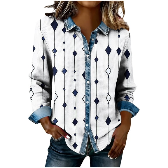 Hvot&aat Women's Waffle Patchwork Blouse Tops with Denim Collar Cuffs Fashion Print Button Long Sleeve Shirts for Casual Office