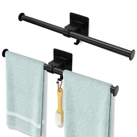 LELE LIFE 2 Pack Adjustable Towel Bar, Adhesive Towel Rack for Bathroom Wall 16in Hand Towel Holder with Hook Stick on Towel Rod, Move Left or Right
