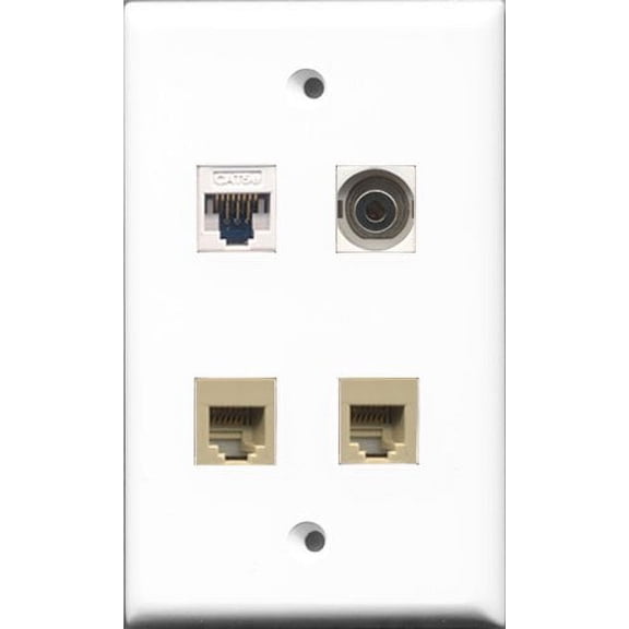 RiteAV - 2 Port Phone RJ11 RJ12 Beige and 1 Port 3.5mm and 1 Port Cat5e Ethernet White Wall Plate