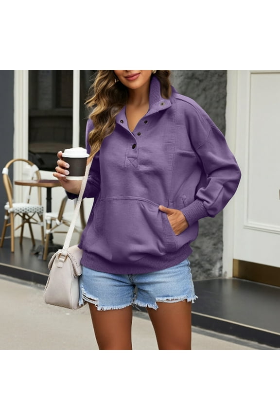 Womens Long Sleeve Sweatshirt Casual Henley Neck Pullover Tops Lapel Button Up Sweatshirt Lightweight Loose Tops with Pocket Light Purple _DE05 L