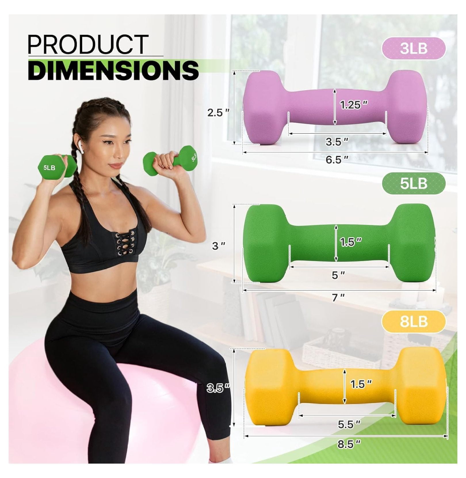 Dumbbells Hand Weights Set, Neoprene Coated Hexagon Workout Dumbbell for Women and Men, 1, 2, 3, 5, 8, 10, 12, 15lbs - Pair