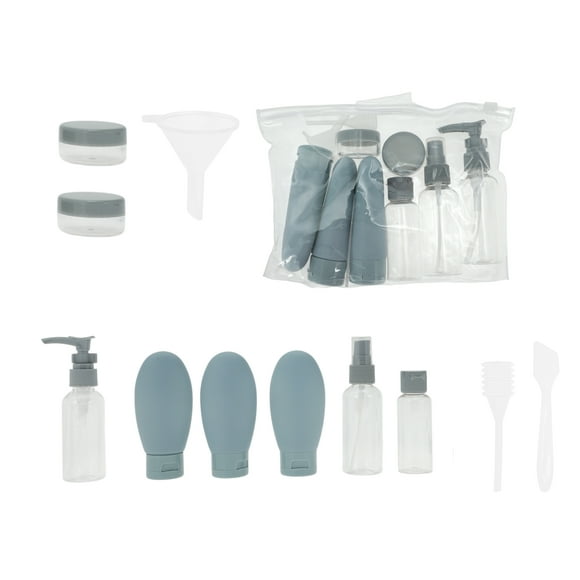 Conjuntos de botellas de viaje de 11 piezas para artículos de tocador, a prueba de fugas, exprimibles y recargables, color gris claro y azul grisáceo