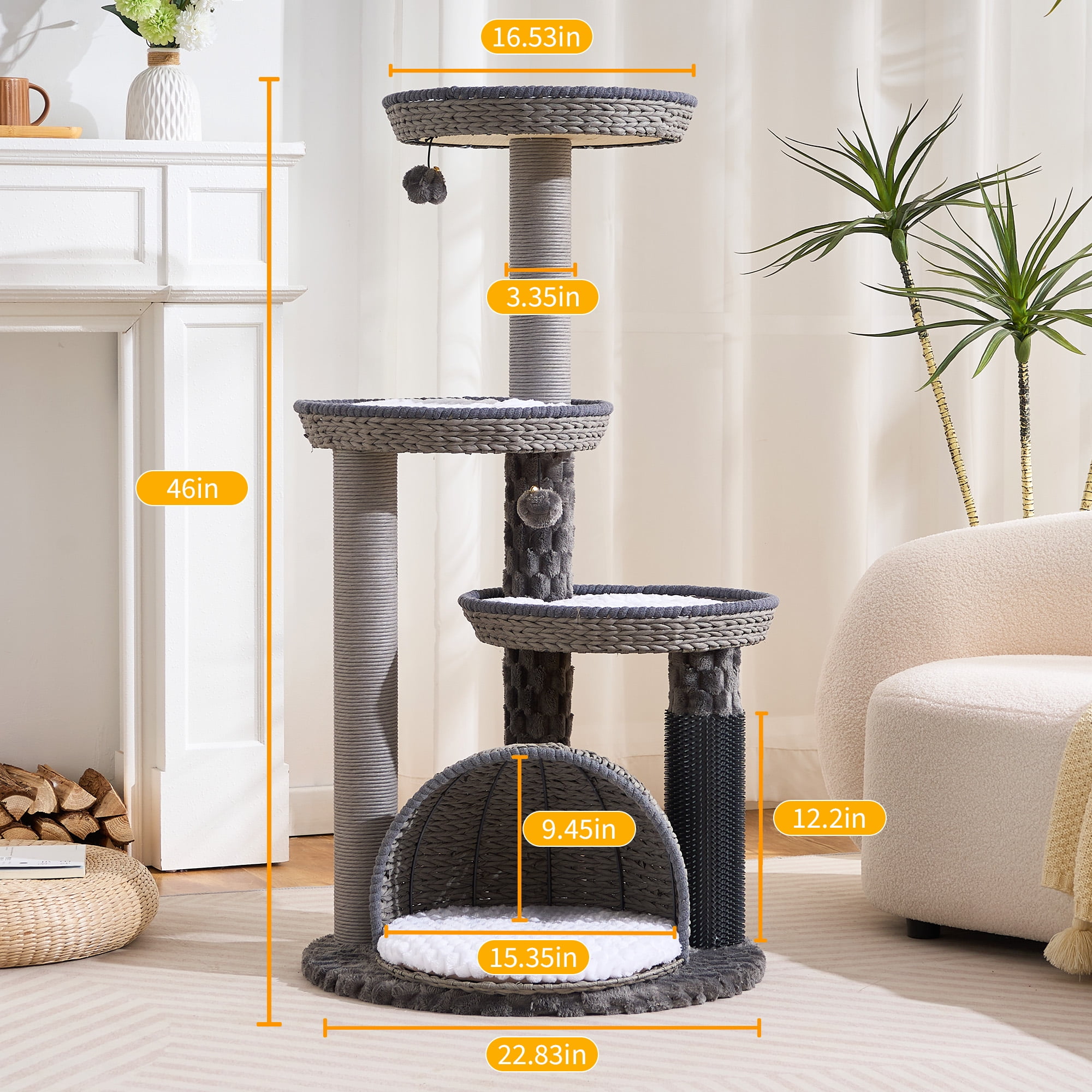 HITTITE Modern Cat Tree Tower with Scratching Post, 46 Inches Tall Cat Towers with Woven Cat Nests and Cave, Removable Cushions and Massage Brush for Indoor Cats Large Adult.