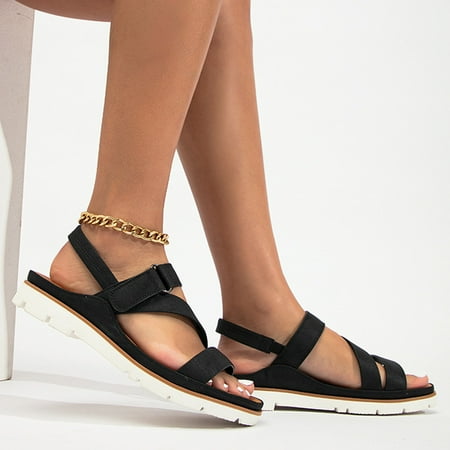 WZJuhiie Women Sandals Summer Fashion New Pattern Simple Solid Color Roman Sandals Large Flat Non Slip Comfortable Shoes