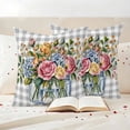 thumbnail image 3 of Pink Spring Floral Outdoor Waterproof Pillow Covers, Flowers Gray Plaid Farmhouse Decorative Square Throw Pillowcase Sofa Cushion Sham for Patio/Couch/Chair, 18"x18" 2 Pack, 3 of 8
