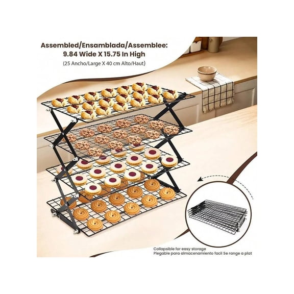 4-Tier Collapsible Cooling Rack for Baking and Cooking – Stackable Cookie Cooling Racks for Cookies, Cakes, and BBQ – Adjustable Wire Rack for Roasting, Drying, and Jerky Dehydrators