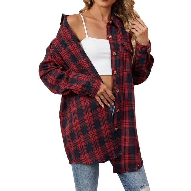 ZVAVZ Womens Plus Size Tops Plaid Long Sleeve Buttons Dwon Collared Blouses Lightweight Cardigan Casual Fall Tops Red,L