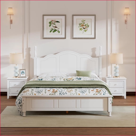 3-Piece Full Size Bedroom Set – Snow White Wood Platform Bed & 2 Nightstands | Wood | Slat Beds