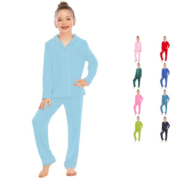 MEZZALL Kids Girls Toddler Pajamas Sets Long Sleeve Shirts Tops & Pants Comfortable Fabric Lapel Button Up Collar Solid Color Loose Fit Homewear Stylish Sleepwear