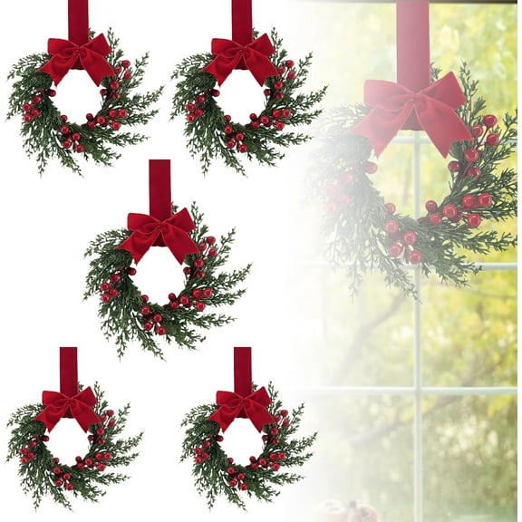 JEWLALO 2Pcs Mini Christmas Wreaths for Cabinets, 12 Inch Small Christmas Wreaths with Red Velvet Ribbon, Pine Cones & Berries, Snowy Cedar Candle Rings for Fireplace Window Home Decorations