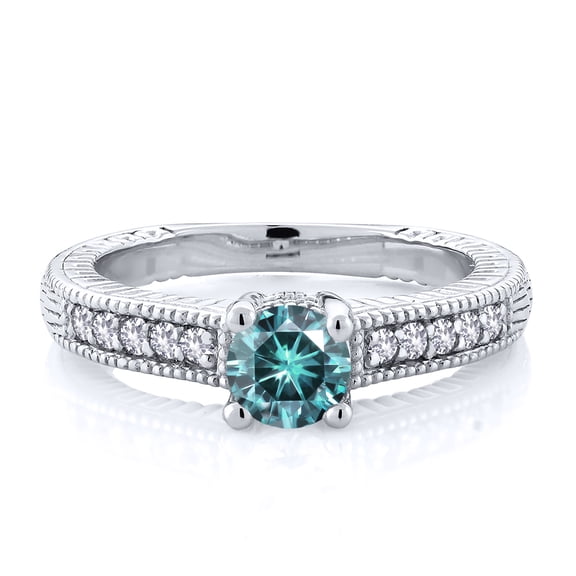 Gem Stone King 925 Sterling Silver Blue Moissanite and White Created Sapphire Women's Solitaire Ring with Accent Stones (0.65 Cttw, Round Shape 5MM, Size 7)