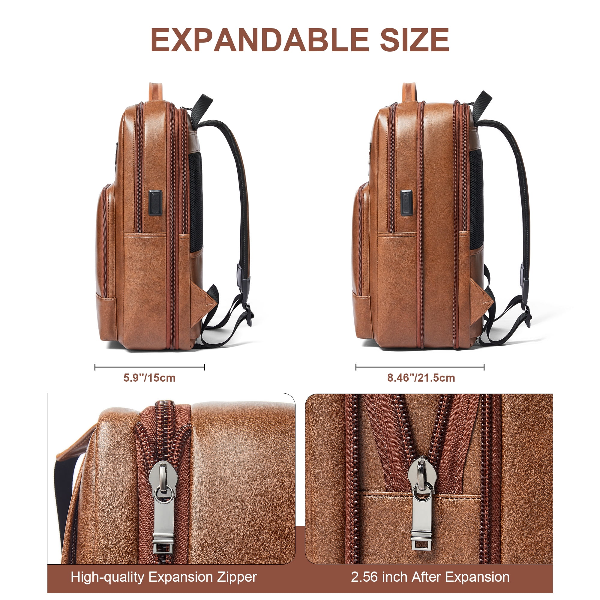 Shrrie Leather Laptop Backpack for Women and Men,28 L Travel Backpack Computer Bag Fits 16 inch Laptop,Expandable Casual Daypack with USB Charging Port for Work Business Weekender College