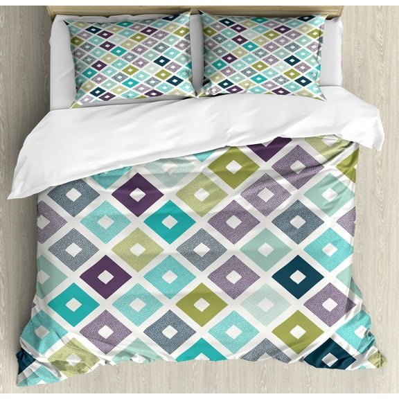 Modern Duvet Cover Set, Seamless Geometrical Rhombus Pointed Triangle Like in Doodle Style Pattern Image, Decorative 3 Piece Bedding Set with 2 Pillow Shams, Queen Size, Multicolor, by Ambesonne