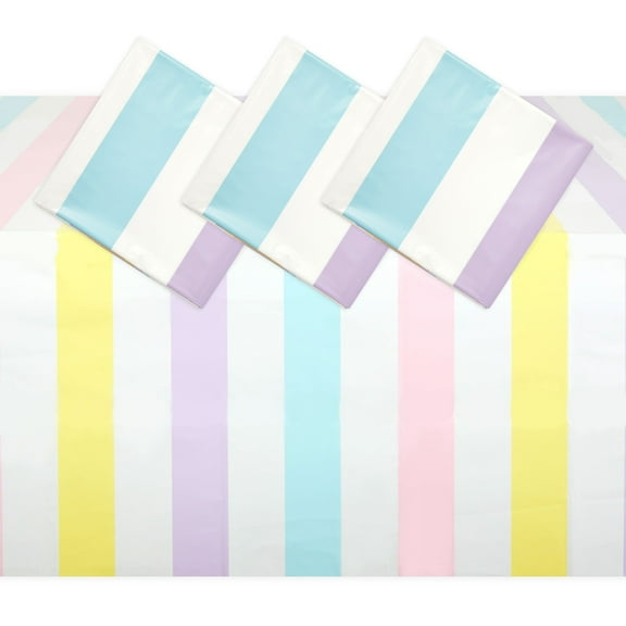 BLUE PANDA 3-Pack Pastel Striped Party Tablecloths - 54 x 108 Inch Rectangular - Disposable Plastic Table Covers for Ice Cream Party Decorations & Kids Birthday Photo Backdrop