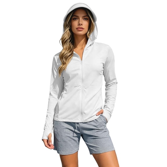 Arlun Women's UPF 50 Sun Protection Hoodie Tops Summer Lightweight Long Sleeve Zipper Sun Jacket with Thumb Holes and Pockets Cooling and Comfort Hiking Outdoor Wear White XL