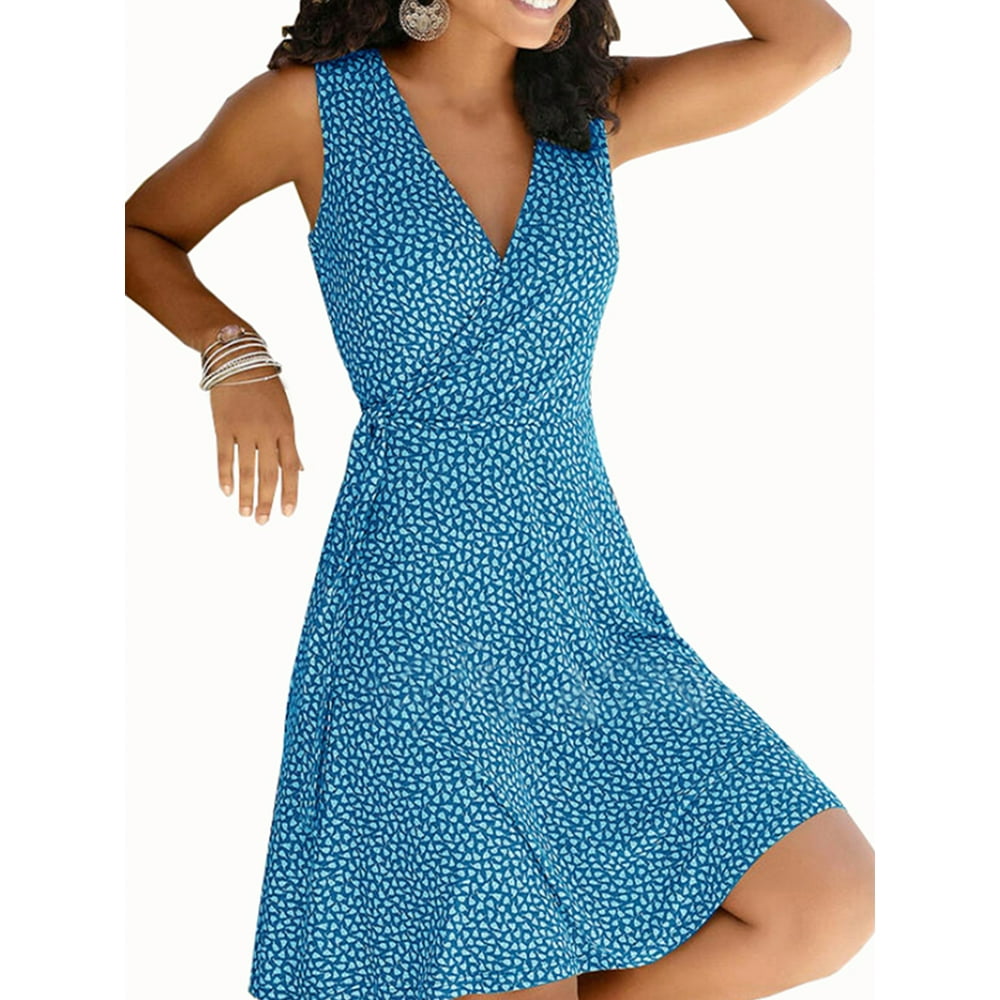 Wodstyle - Womens Sleeveless V Neck Floral Wrap Mini Dress Plus Size Summer Casual Sundress 