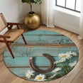 thumbnail image 2 of Round Rug 6Ft Washable Non-Slip, Daisy Flower Circle Area Rugs for Living Room Bedroom, Vintage Horseshoes Farmhouse Wooden Grain Teal Indoor Floor Mats Carpet Runner for Home Decor Aesthetic, 2 of 8