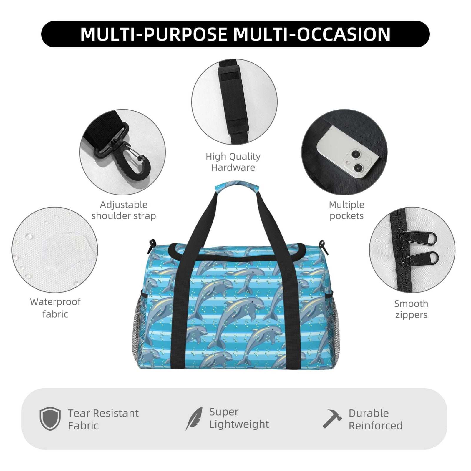 Horeoi Dolphin for Travel Duffle Bag with Adjustable Strap - Large Capacity Hand Carry for Gym Sports Outdoor
