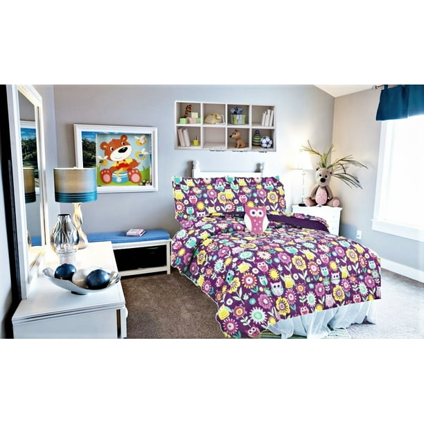 Full Owl Girls Bedding Set Beautiful Microfiber Comforter With Furry Friend And Sheet Set 8 Piece Kids Bed In A Bag Walmart Com Walmart Com