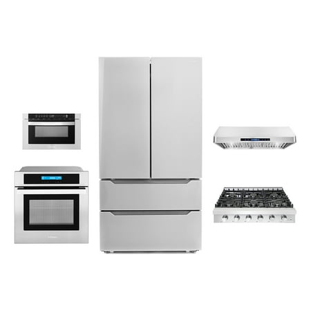 5 Piece Kitchen Package With 36  Slide-In Gas Cooktop 36  Under Cabinet Range Hood 30  Single Electric Wall Oven 24  Built-In Microwave Drawer & French Door Refrigerator
