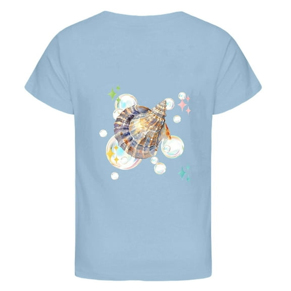 Tisuna Summer Blouse For Girls Child Cartoon Print Short Sleeve Crew Neck Tops Stylish Casual Girls Toddler Summer Clothes Light Blue Size 4-5 Years